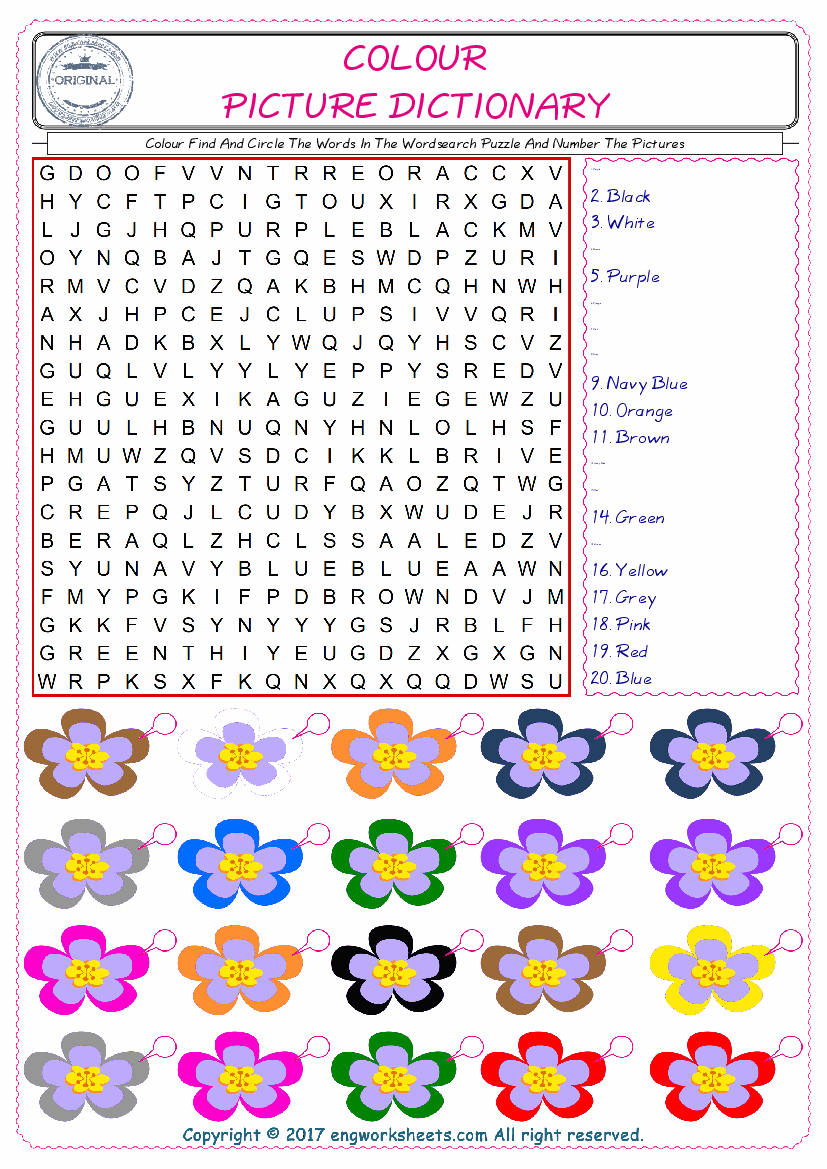  ESL wordsearch worksheets for kids, find Colour words in the word wordsearch write its number on its picture English worksheet. 